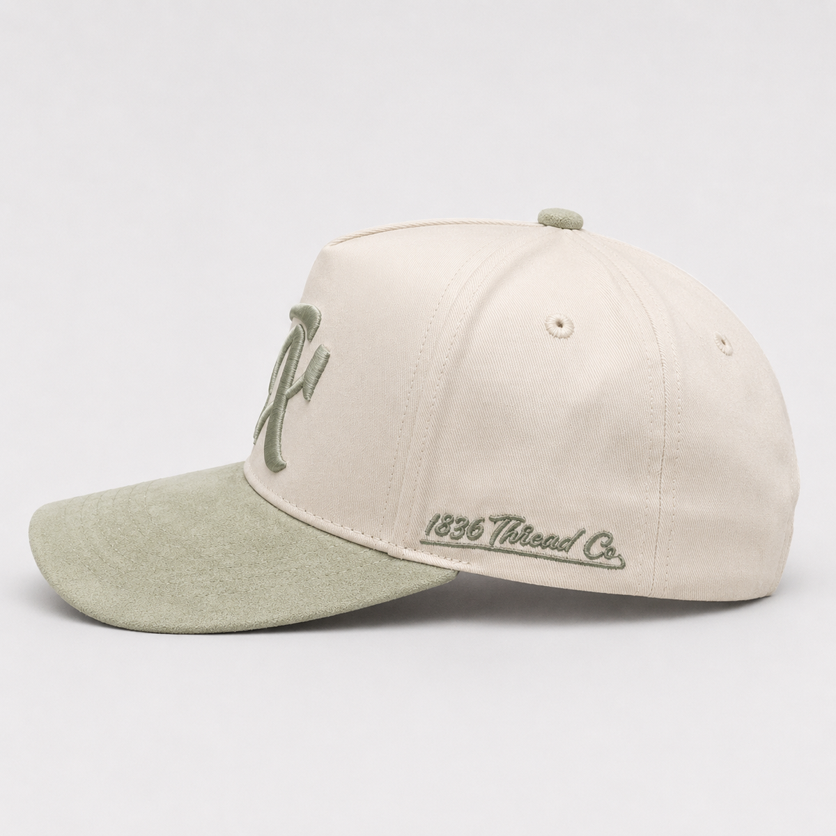 Beige TX snapback with pistachio suede visor, suede brim detail