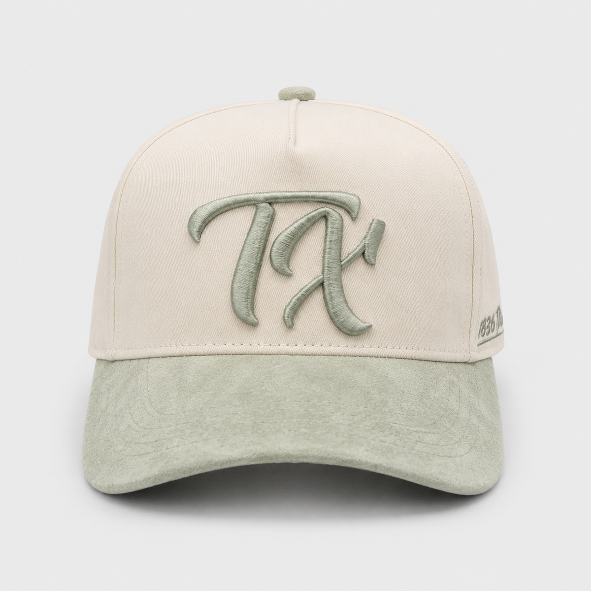 Beige TX snapback with pistachio suede visor, side view
