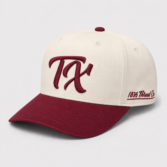 Beige TX snapback with maroon canvas visor