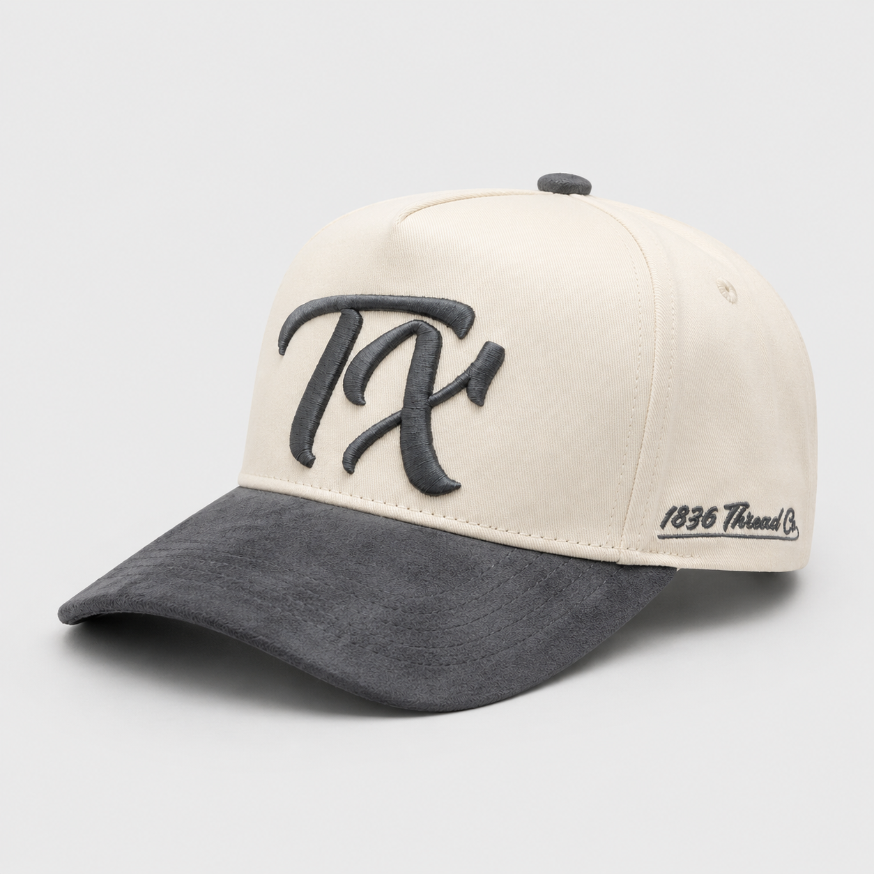 Beige TX snapback with charcoal grey suede visor