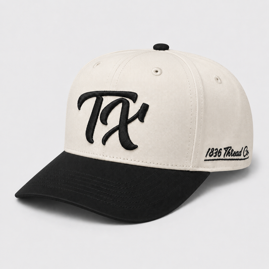Beige TX snapback with black canvas visor